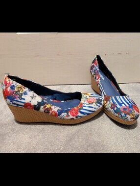 Desigual Blue White Floral Stripe Wedge Pumps